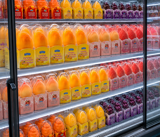 Premium lineup of 3D fruit-shaped ice creams including mango, peach, strawberry and lemon formats